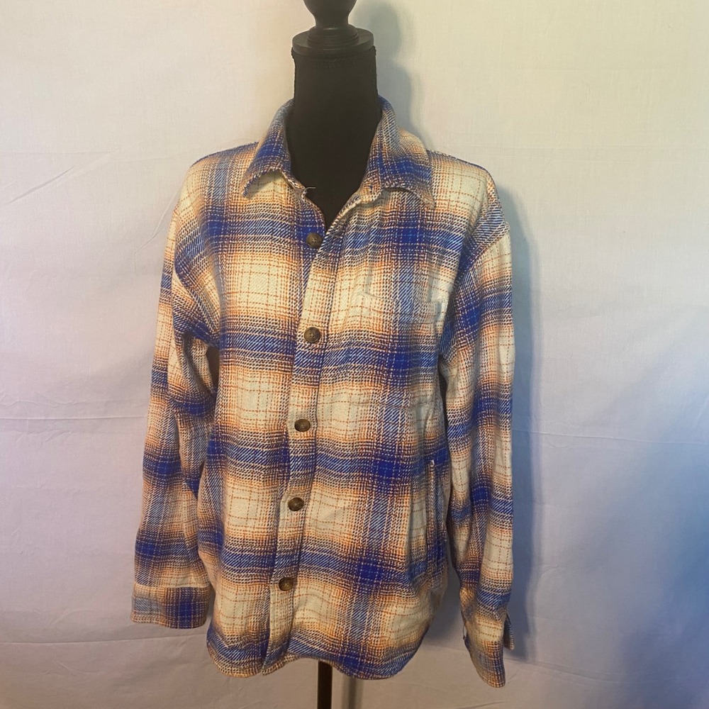 Goodfellow Co Plaid Flannel Shirt‎ Jacket Cobalt Blue Orange Cream Heavy Size M